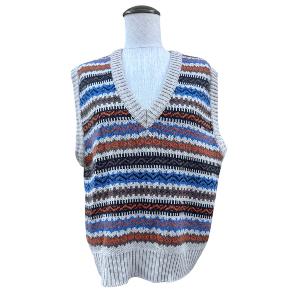 Vintage Style Knit Acrylic Striped Tan Ribbed V Neck Sweater Vest Medium No Tag